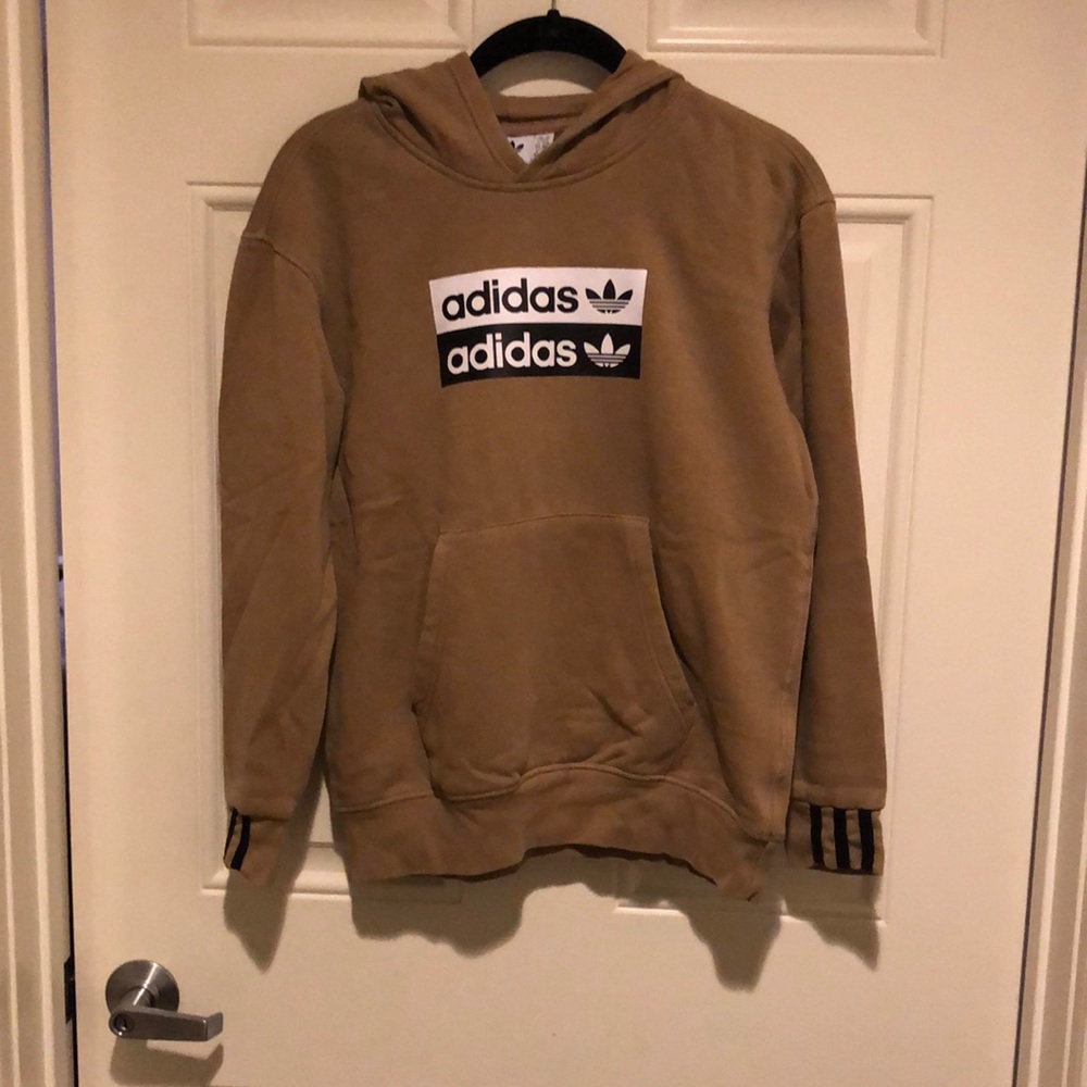 Adidas logo Camel/ beige long sleeve hooded sweater with front pocket